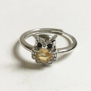 Silver Tone Owl Citrine Colored Stone & Clear Rhinestone Adjustable Ring